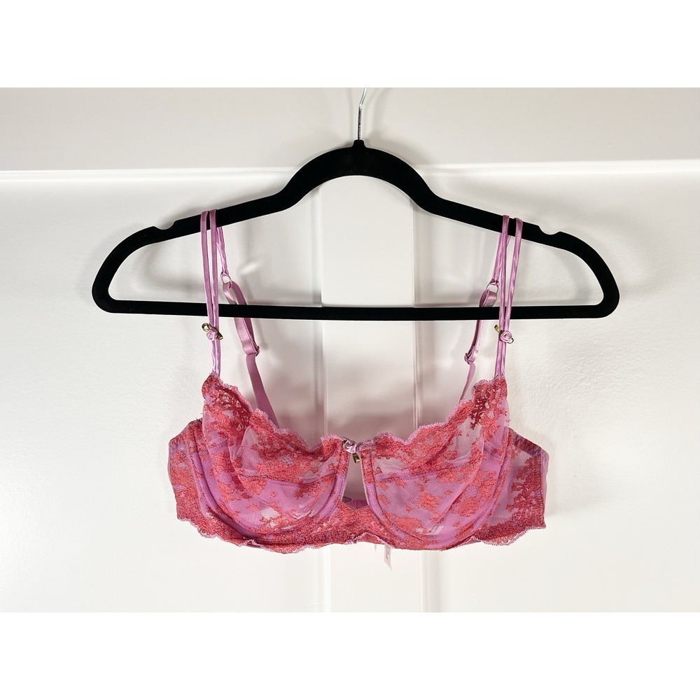 Vintage Victoria's Secret Pink Lace Rose Embroidered Unlined Demi Bra 36C Y2K